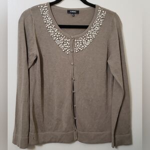 Elementz Womens Pearl Beaded Embellished Brown Cardigan